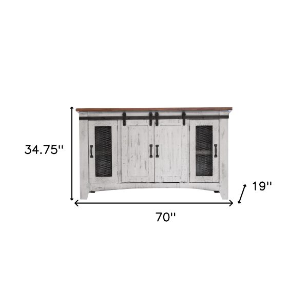 70" White Solid Wood Cabinet Enclosed Storage Distressed TV Stand - Image 3