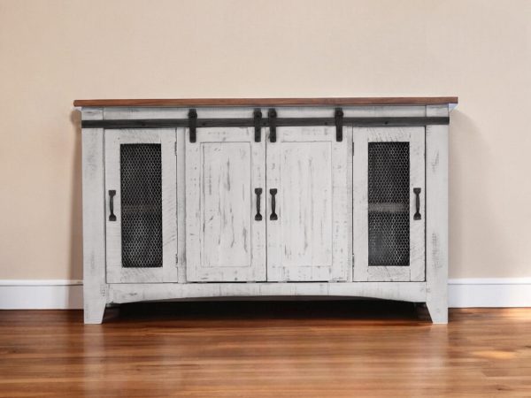 70" White Solid Wood Cabinet Enclosed Storage Distressed TV Stand - Image 2