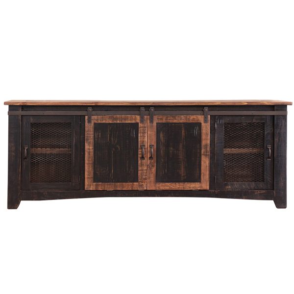 79" Black Solid Wood Cabinet Enclosed Storage Distressed TV Stand - Image 3