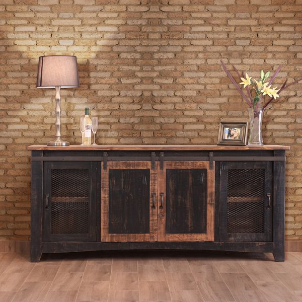 79" Black Solid Wood Cabinet Enclosed Storage Distressed TV Stand - Image 4