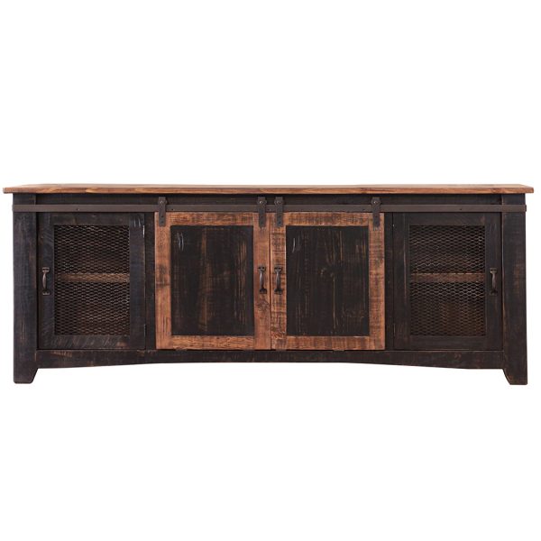 79" Black Solid Wood Cabinet Enclosed Storage Distressed TV Stand