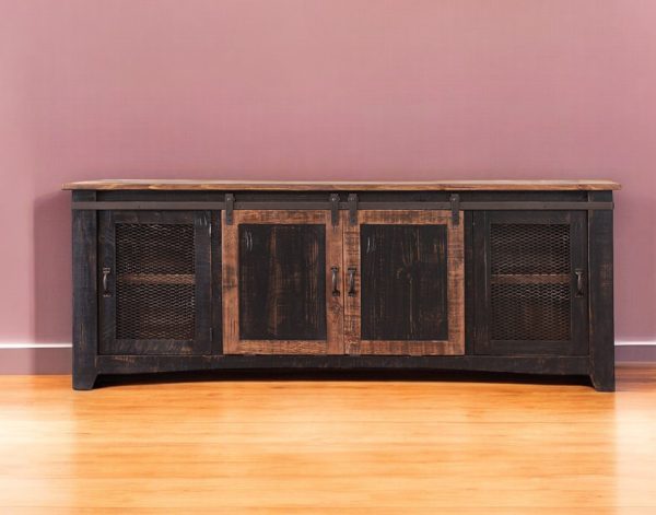 79" Black Solid Wood Cabinet Enclosed Storage Distressed TV Stand - Image 2