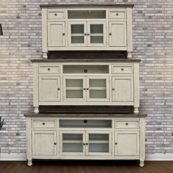 70" Ivory Solid Wood Open shelving Distressed TV Stand - Image 4