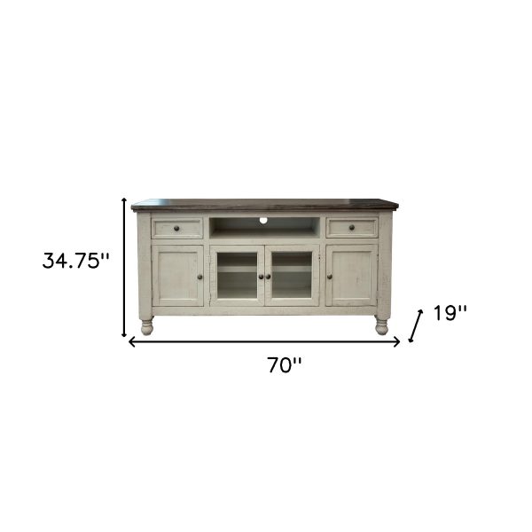 70" Ivory Solid Wood Open shelving Distressed TV Stand - Image 3