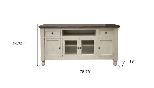 79" Ivory Solid Wood Open shelving Distressed TV Stand - Image 4