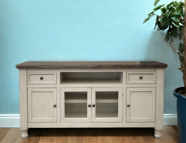 79" Ivory Solid Wood Open shelving Distressed TV Stand - Image 3