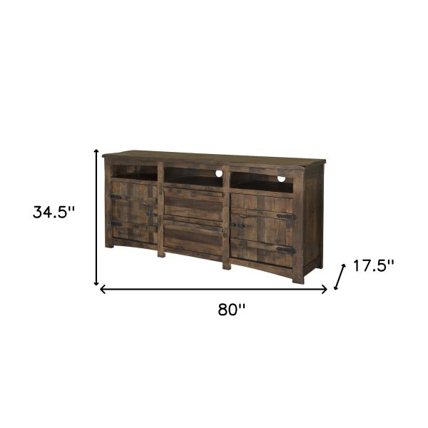 80" Brown Solid Wood Cabinet Enclosed Storage Distressed TV Stand - Image 4