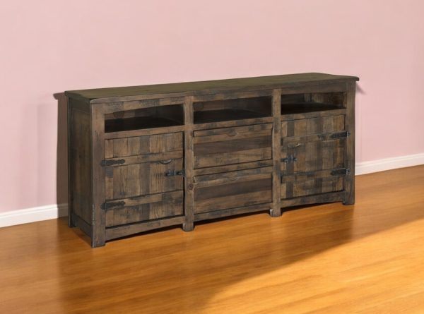 80" Brown Solid Wood Cabinet Enclosed Storage Distressed TV Stand - Image 2