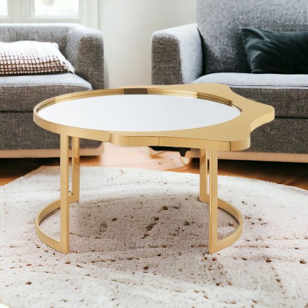 32" Gold Glass And Stainless Steel Round Mirrored Coffee Table - Image 2