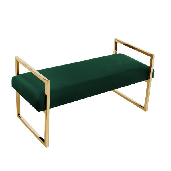 48" Hunter Green and Gold Upholstered Velvet Bench - Image 3