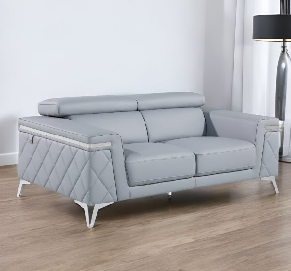 70" Light Blue And Silver Metallic Top Grain Leather Loveseat - Image 2