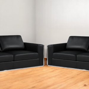 Two Piece Indoor Black Italian Leather Four Person Seating Set