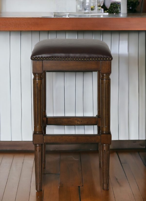 31" Brown And Dark Brown Solid Wood Backless Bar Height Bar Chair - Image 2