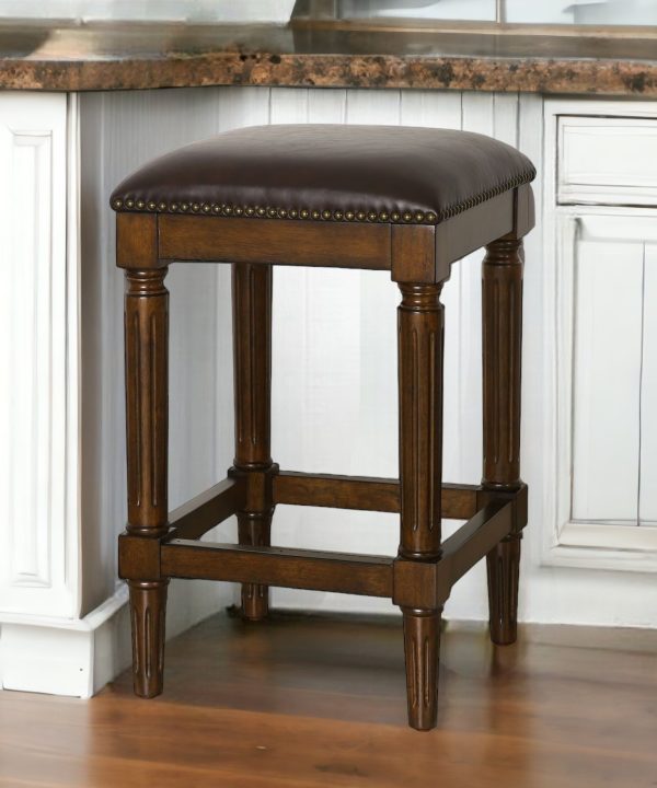 27" Brown And Dark Brown Solid Wood Backless Counter Height Bar Chair - Image 2