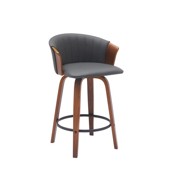 26" Gray and Wood Brown Faux Leather with Solid Wood Swivel Counter Height Bar Chair - Image 3