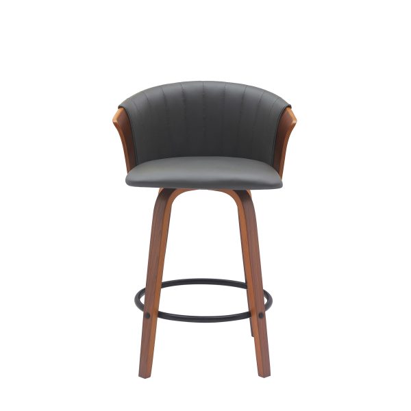 26" Gray and Wood Brown Faux Leather with Solid Wood Swivel Counter Height Bar Chair - Image 2