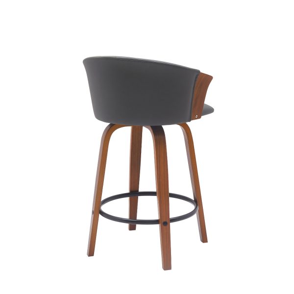 26" Gray and Wood Brown Faux Leather with Solid Wood Swivel Counter Height Bar Chair - Image 4