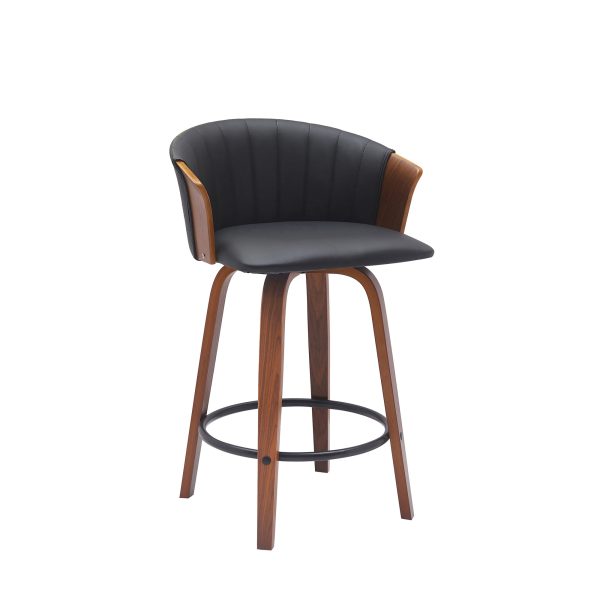 26" Black and Wood Brown Faux Leather with Solid Wood Swivel Counter Height Bar Chair - Image 3
