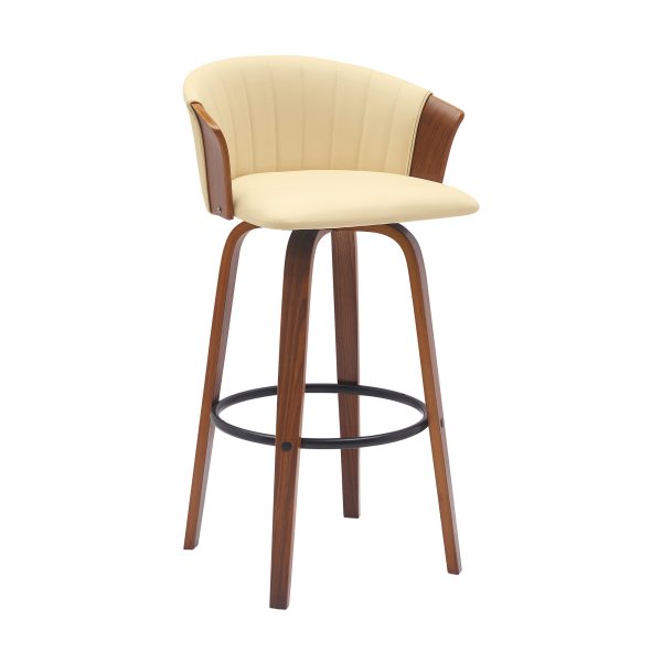 30" Cream And Wood Brown Faux Leather Swivel Bar Height Bar Chair - Image 3