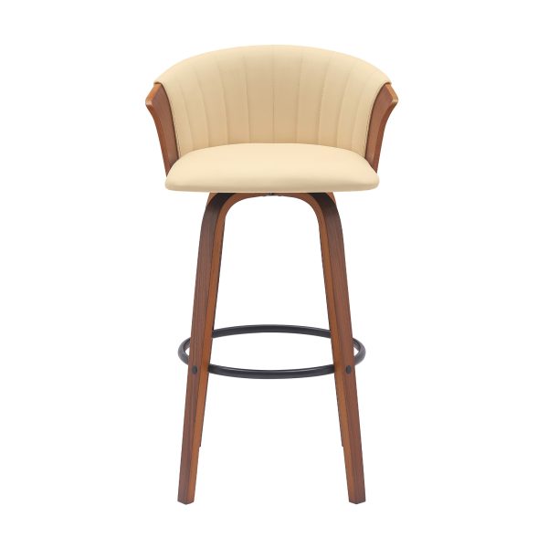 30" Cream And Wood Brown Faux Leather Swivel Bar Height Bar Chair - Image 2