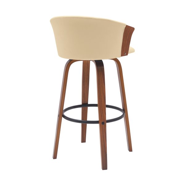 30" Cream And Wood Brown Faux Leather Swivel Bar Height Bar Chair - Image 4