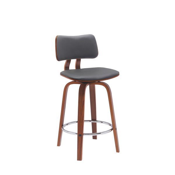 26" Gray And Wood Brown Faux Leather Swivel Low Back Counter Height Bar Chair - Image 3