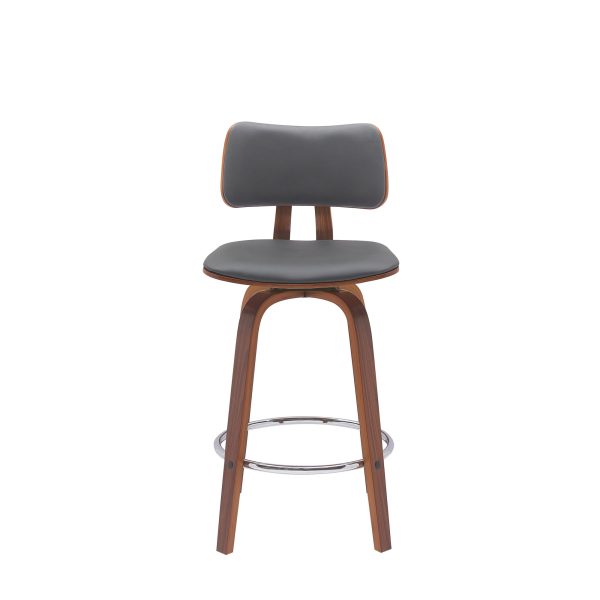 26" Gray And Wood Brown Faux Leather Swivel Low Back Counter Height Bar Chair - Image 2