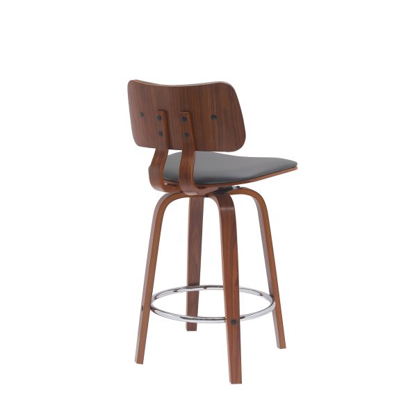 26" Gray And Wood Brown Faux Leather Swivel Low Back Counter Height Bar Chair - Image 4