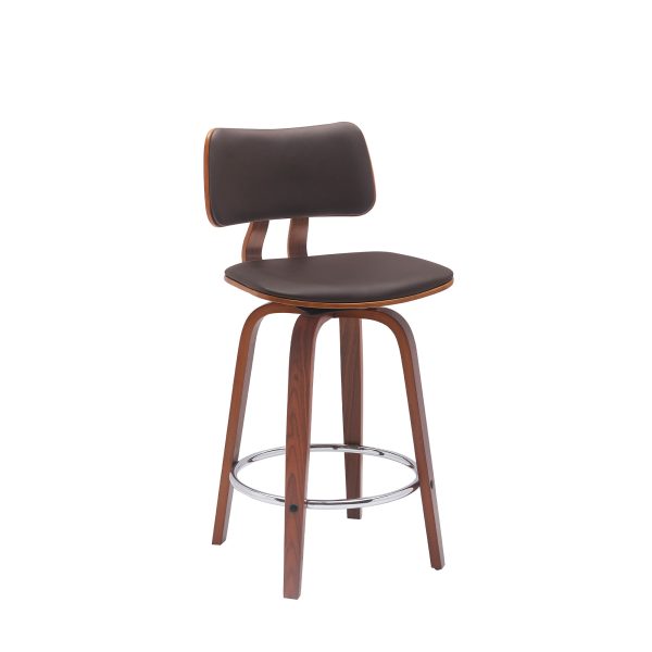 26" Brown And Wood Brown Faux Leather Swivel Low Back Counter Height Bar Chair - Image 3