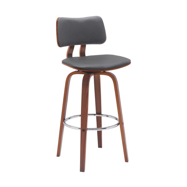 30" Gray And Wood Brown Faux Leather Swivel Low Back Bar Height Bar Chair - Image 3