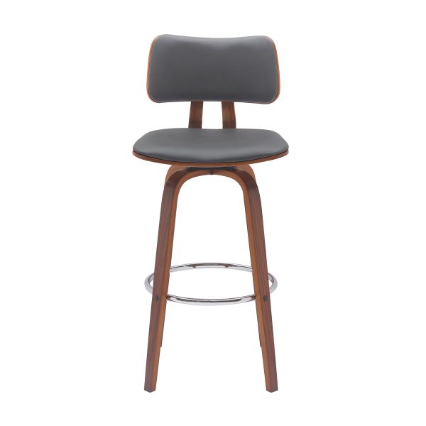 30" Gray And Wood Brown Faux Leather Swivel Low Back Bar Height Bar Chair - Image 2
