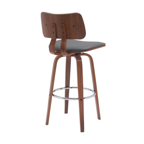 30" Gray And Wood Brown Faux Leather Swivel Low Back Bar Height Bar Chair - Image 4