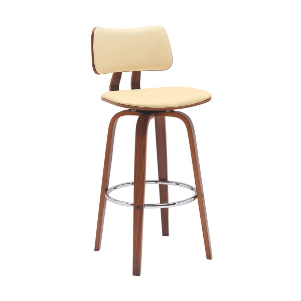 30" Cream And Wood Brown Faux Leather Swivel Low Back Bar Height Bar Chair - Image 3
