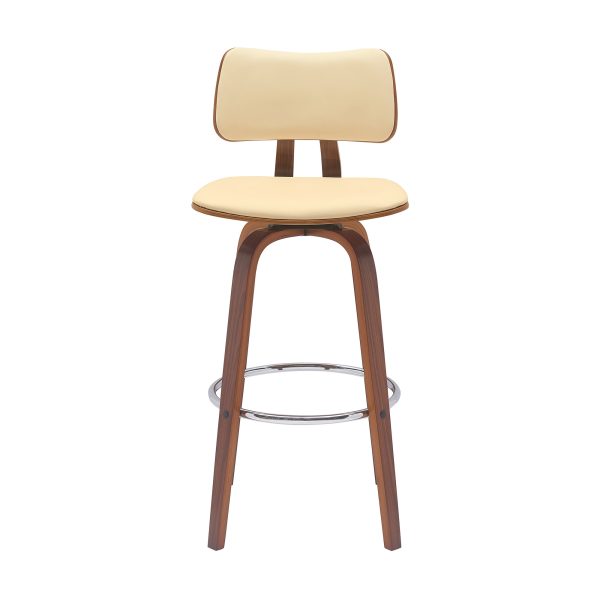 30" Cream And Wood Brown Faux Leather Swivel Low Back Bar Height Bar Chair - Image 2