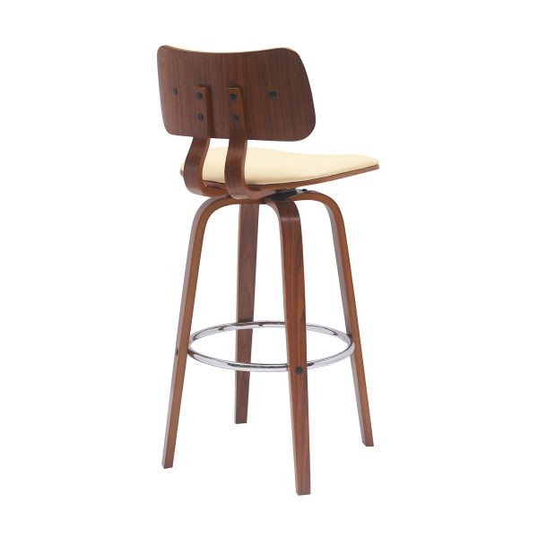 30" Cream And Wood Brown Faux Leather Swivel Low Back Bar Height Bar Chair - Image 4