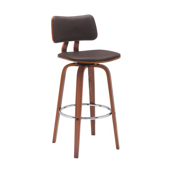30" Brown And Wood Brown Faux Leather Swivel Low Back Bar Height Bar Chair - Image 3
