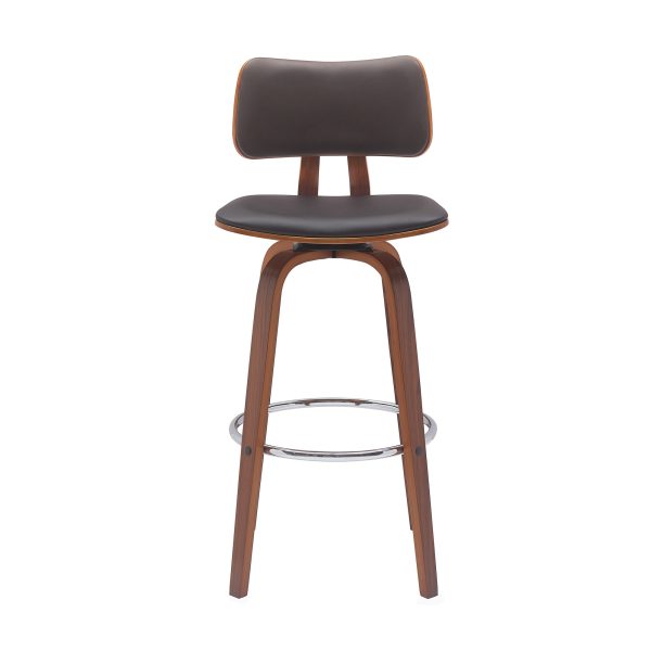 30" Brown And Wood Brown Faux Leather Swivel Low Back Bar Height Bar Chair - Image 2