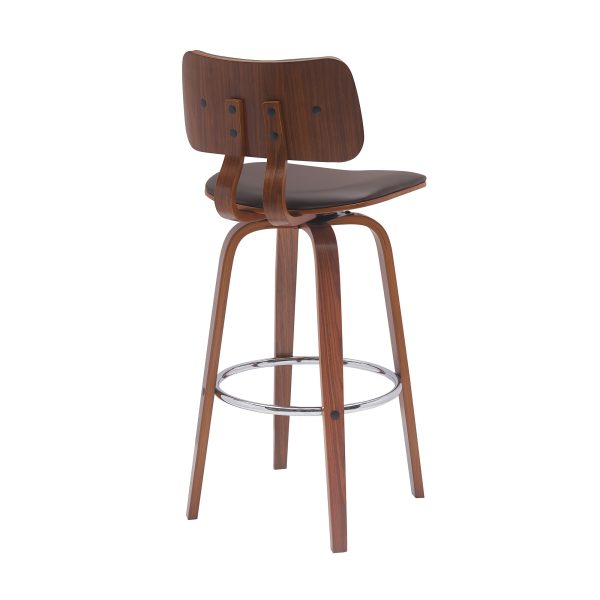30" Brown And Wood Brown Faux Leather Swivel Low Back Bar Height Bar Chair - Image 4