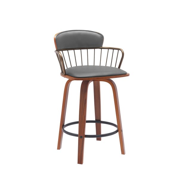 26" Gray And Wood Brown Faux Leather Swivel Low Back Counter Height Bar Chair - Image 2