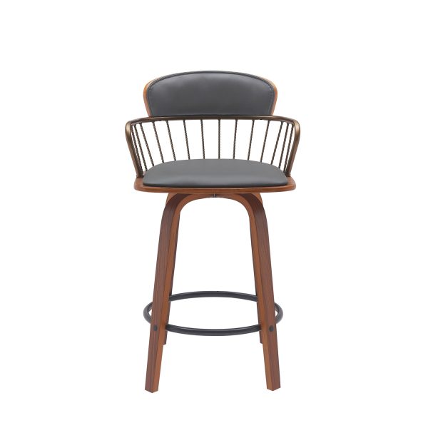 26" Gray And Wood Brown Faux Leather Swivel Low Back Counter Height Bar Chair - Image 3
