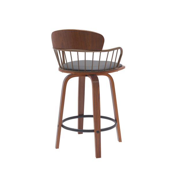 26" Gray And Wood Brown Faux Leather Swivel Low Back Counter Height Bar Chair - Image 4