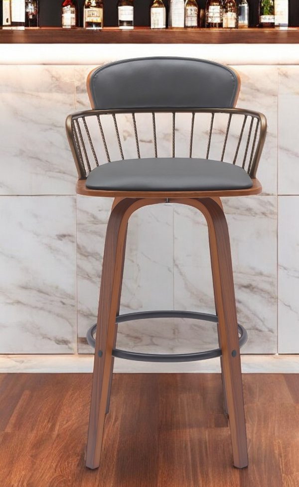 30" Gray And Wood Brown Faux Leather Swivel Low Back Bar Height Bar Chair - Image 2