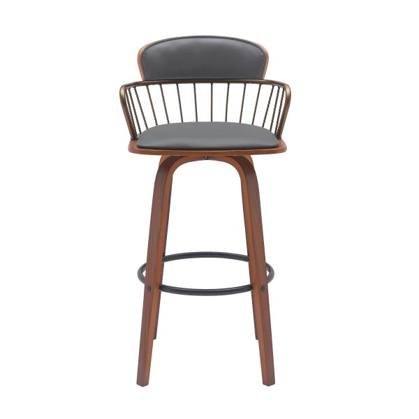 30" Gray And Wood Brown Faux Leather Swivel Low Back Bar Height Bar Chair - Image 3