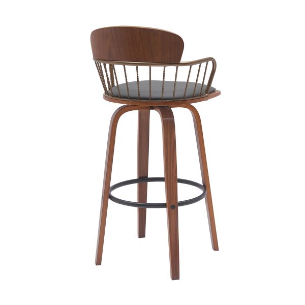 30" Gray And Wood Brown Faux Leather Swivel Low Back Bar Height Bar Chair - Image 4