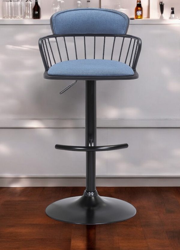 Blue and Black Fabric with Metal Swivel Low Back Adjustable Height Bar Chair - Image 2
