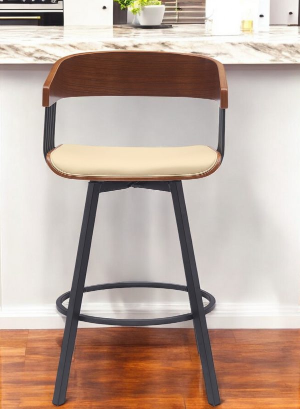 27" Cream and Black Faux Leather with Metal Swivel Counter Height Bar Chair - Image 2