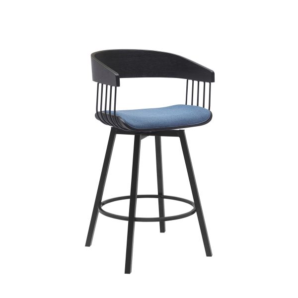 27" Blue and Black Fabric with Metal Swivel Counter Height Bar Chair - Image 3