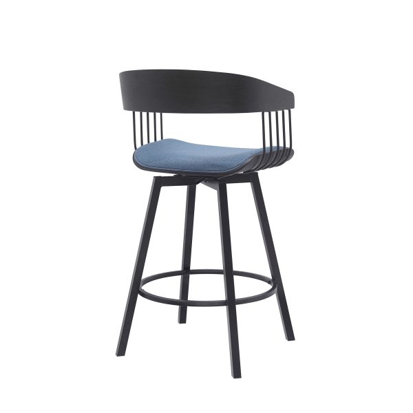 27" Blue and Black Fabric with Metal Swivel Counter Height Bar Chair - Image 4
