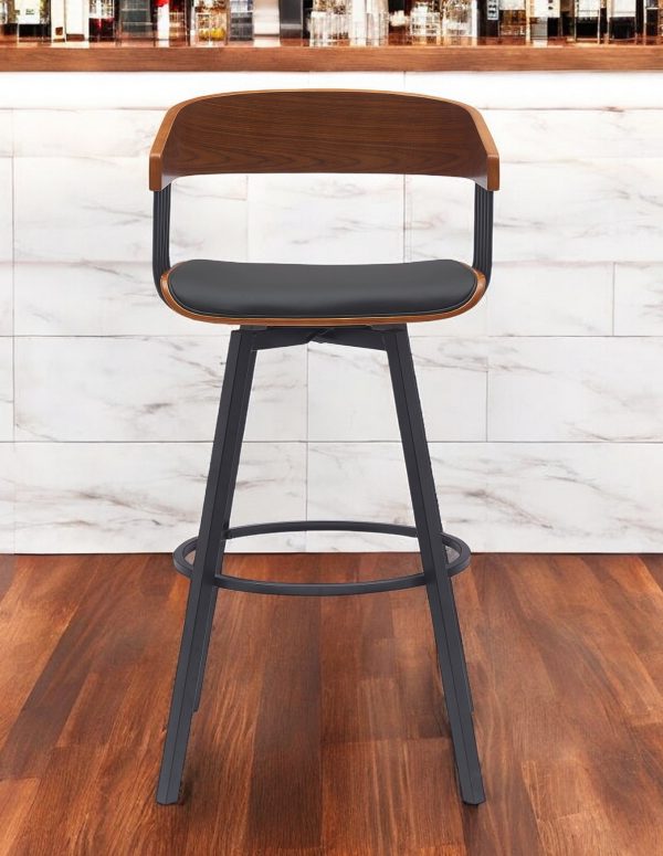 31" Black Faux Leather And Metal Swivel Bar Height Bar Chair - Image 2
