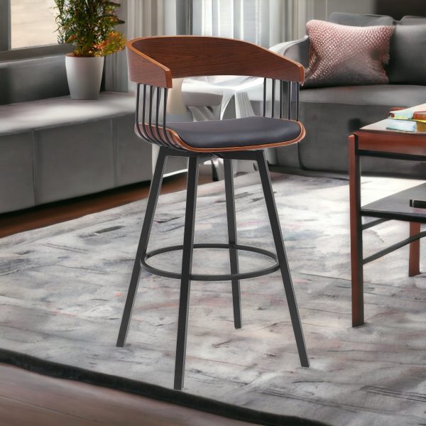 31" Black Faux Leather And Metal Swivel Bar Height Bar Chair - Image 3